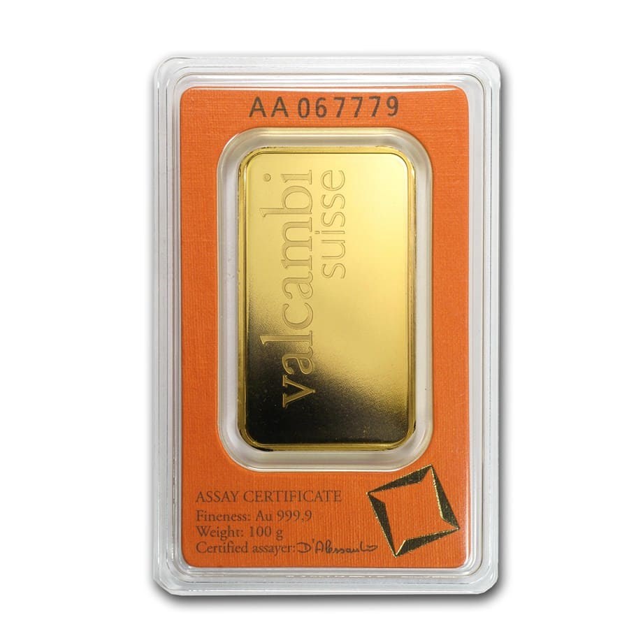 100 gram Gold Bar - Valcambi (w/Assay)