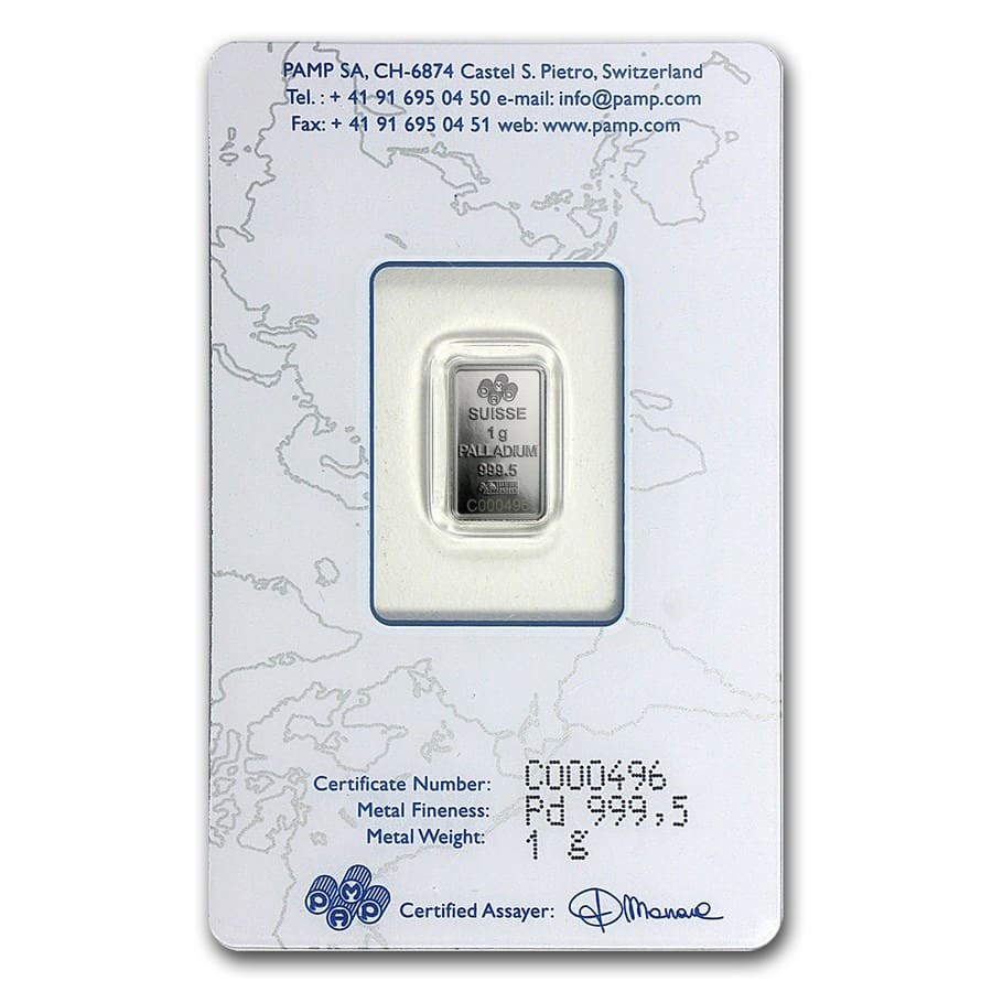 1 gram Palladium Bar - PAMP Suisse (In Assay)