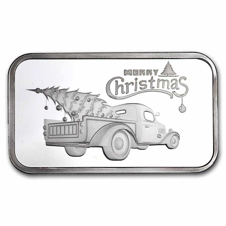 1 oz Silver Bar - Red Truck w/ Christmas Tree