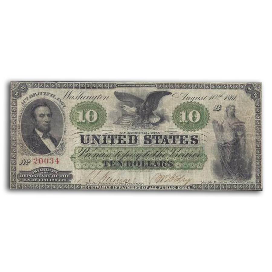 1861 $10 Demand Note Cincinnati VF-20 PMG (Fr#9) Details