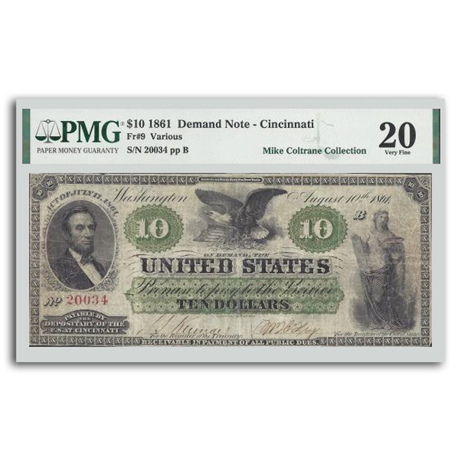 1861 $10 Demand Note Cincinnati VF-20 PMG (Fr#9) Details