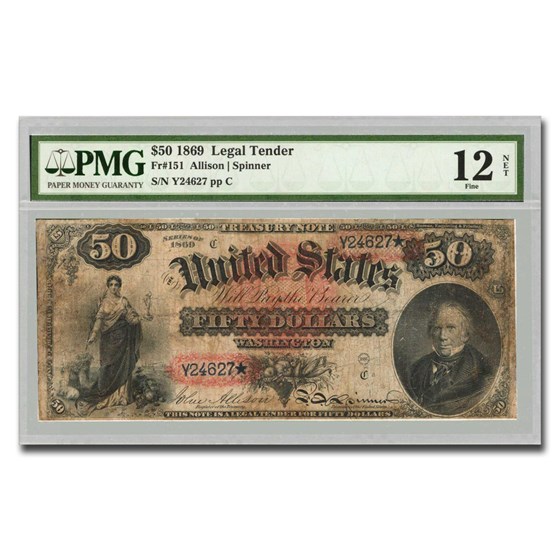 1869 $50 Legal Tender Fine-12 PMG (Fr#151) NET