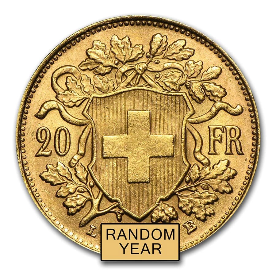 Swiss Gold 20 Francs Helvetia Coin AU (Random Year)